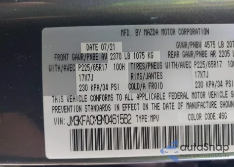 2021 Mazda Cx-5 Touring z USA, uszkodzony, nr VIN JM3KFACM9M0461562